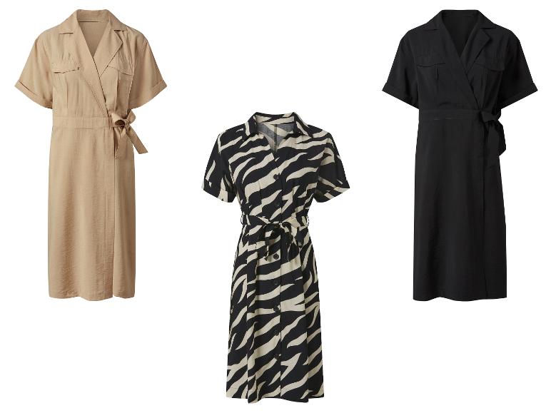 Trzy sukienki z krótkim rękawem dla kobiet: beżowa, czarno-biała w paski zebry i czarna.