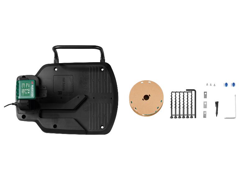 Zestaw instalacyjny robota koszącego Parkside ze stacją ładującą i akcesoriami.