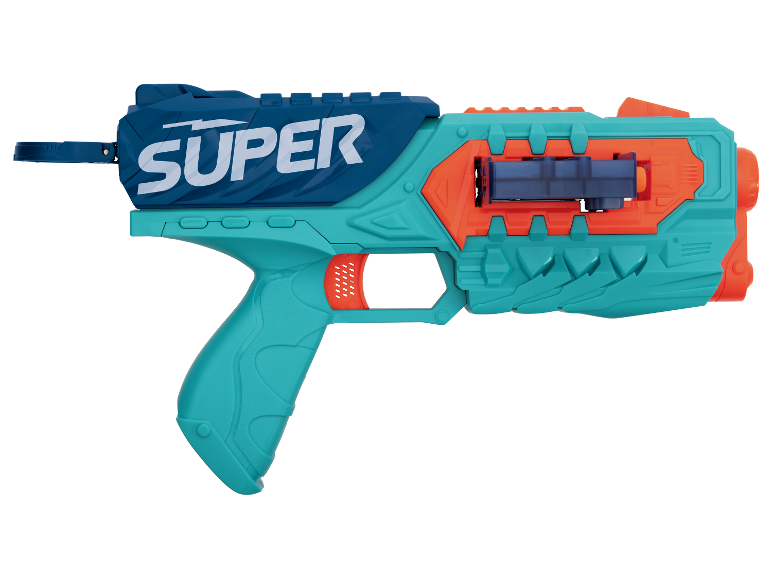 Niebiesko-pomarańczowy pistolet na wodę; futurystyczny design.