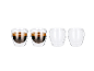 Dwie podwójnie ściankowe filiżanki espresso i dwie puste.