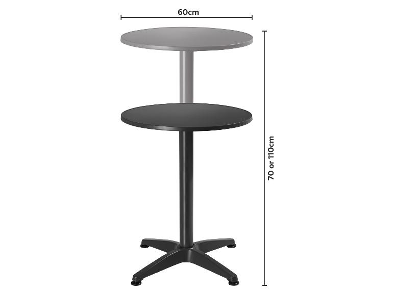 Stół barowy z regulacją wysokości z blatem o średnicy 60 cm, wysokość 70 lub 110 cm.