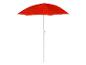 Czerwony parasol plażowy z geometrycznym wzorem na białym tle.