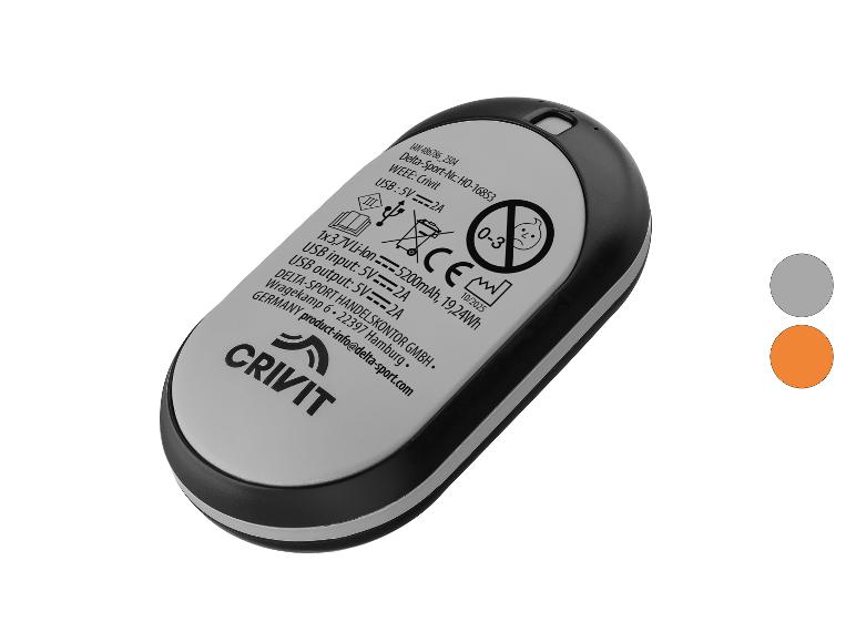 Czarno-szary przenośny power bank ze szczegółami produktu i logo Crivit.