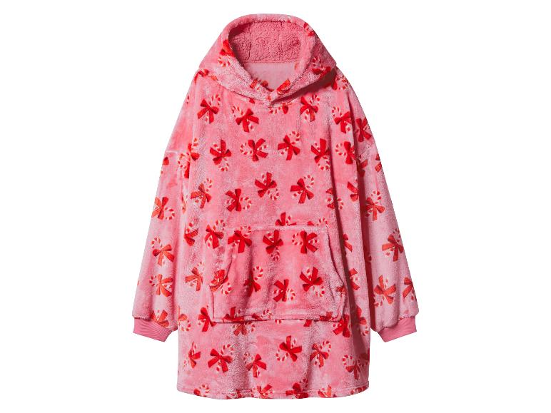 Różowa bluza z kapturem oversize z motywem świątecznych lasek cukrowych i kokardek.