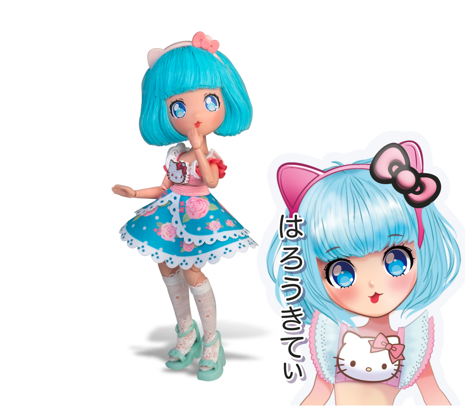 HELLO KITTY Manga Lalka, 19cm (Pretty Pink – niebieskie włosy)