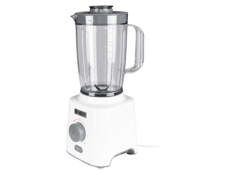 Biały blender Kenwood ze szklanym dzbanem.