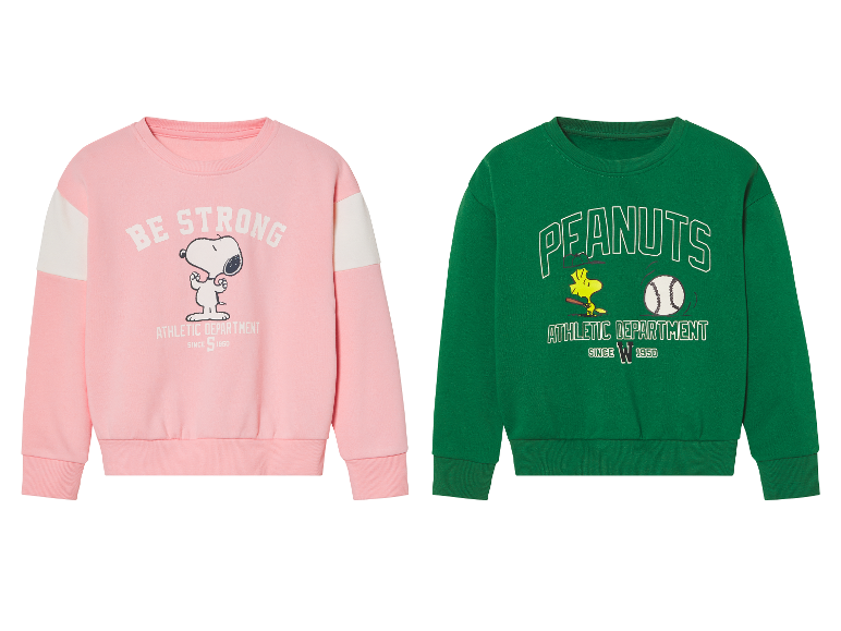 Różowe i zielone bluzy z motywami Snoopy'ego i Peanuts.