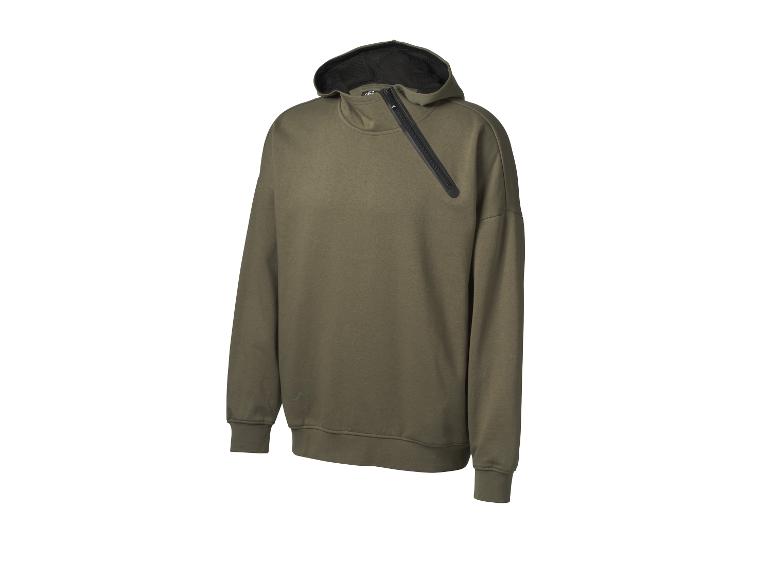 Bluza z kapturem w kolorze oliwkowym z asymetrycznym zamkiem błyskawicznym i czarnym kapturem.