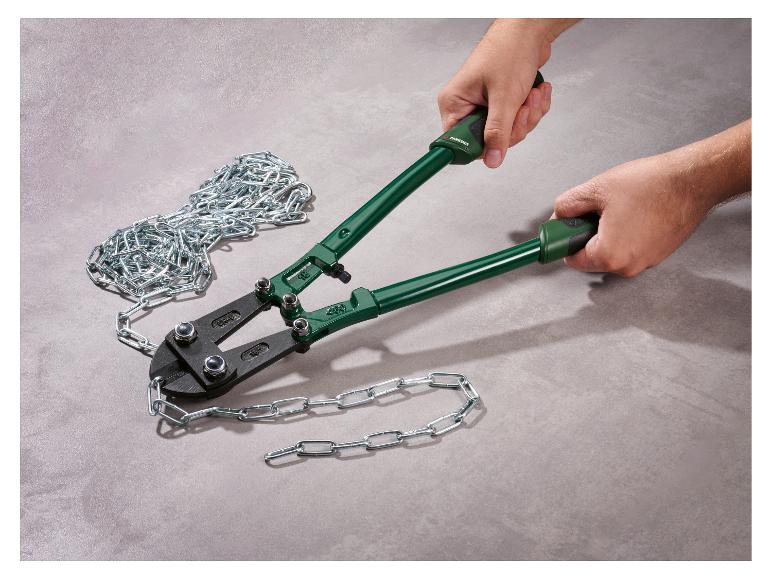 Zielone nożyce do cięcia łańcuchów Parkside z metalowym łańcuchem na szarej powierzchni