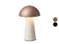 Lampa stołowa w kształcie grzyba z brązową górą i kremową podstawą, z przyciskiem włączania/wyłączania.