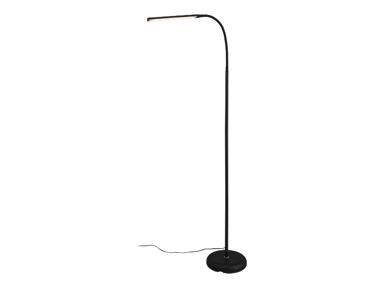 Czarna lampa podłogowa LED z wygiętym ramieniem.