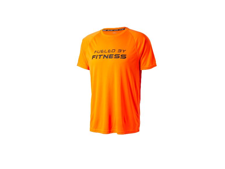 Pomarańczowa koszulka sportowa Crivit z napisem „FUELED BY FITNESS”.