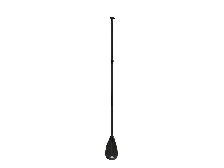 Czarna regulowana wiosło do paddleboardu z uchwytem T i żebrowanym piórem.