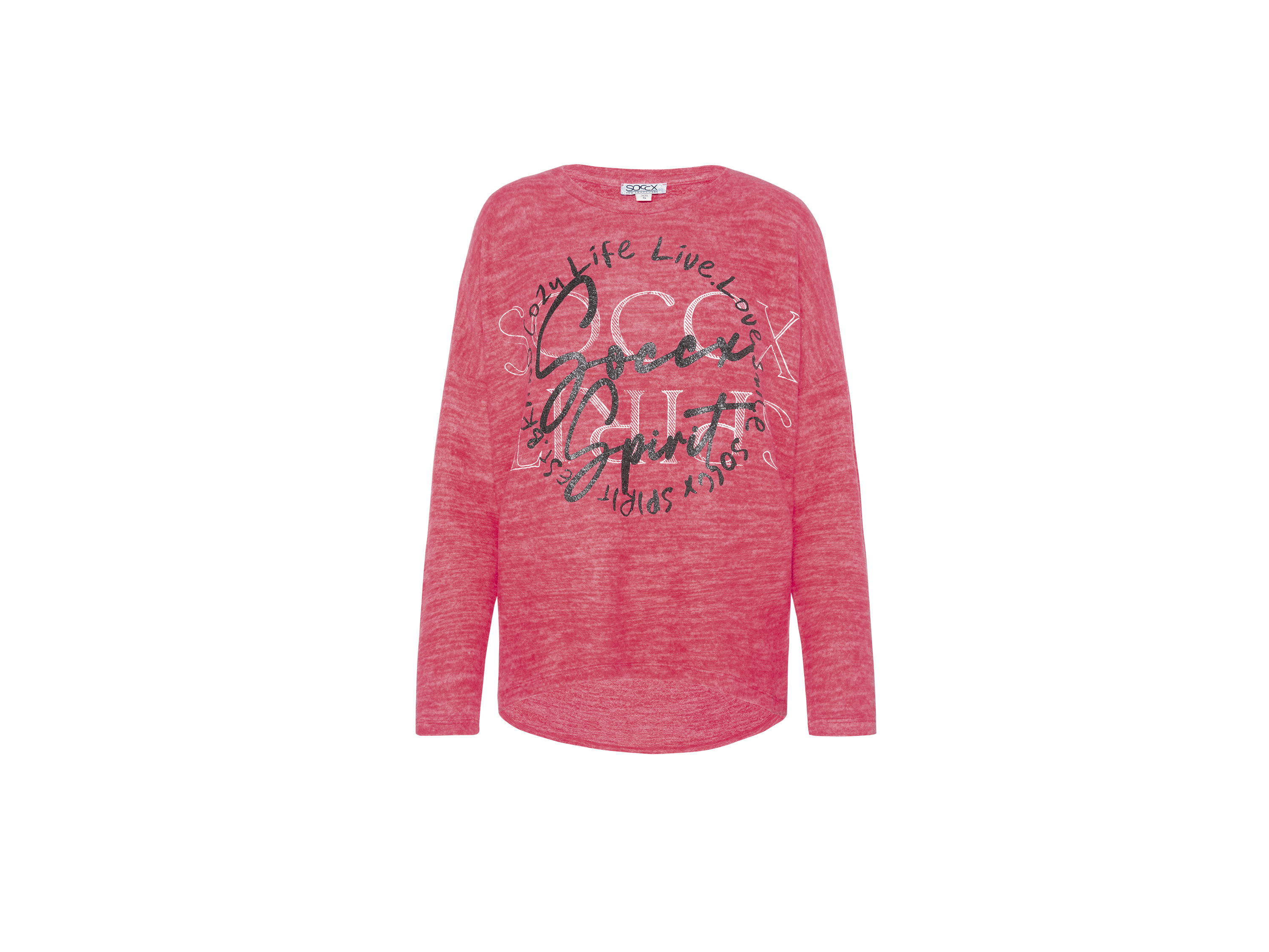 SOCCX Damski puszysty sweter z nadrukiem z brokatem (Czerwony, XS/S)