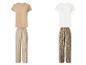 Dwa zestawy koszulki i spodni: jeden beżowy w paski i jeden biały we wzór wężowej skóry.