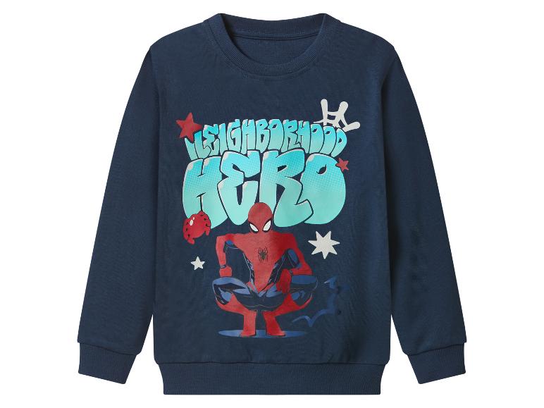 Niebieska bluza z nadrukiem superbohatera i napisem „NEIGHBORHOOD HERO”.