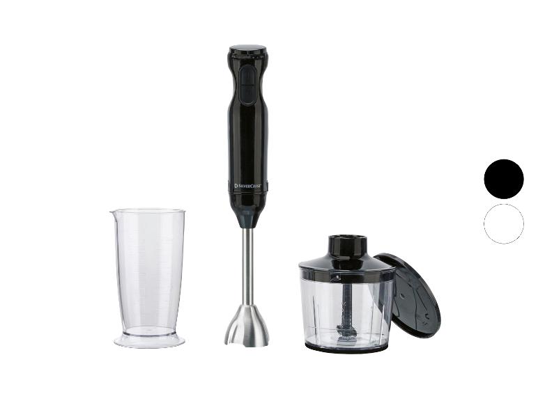 Blender ręczny z miarką i pojemnikiem do siekania, w kolorze czarnym.