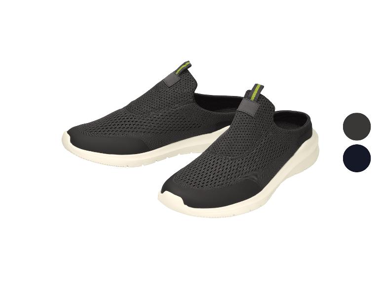Szare siateczkowe buty sportowe z białą podeszwą i zielonymi detalami.