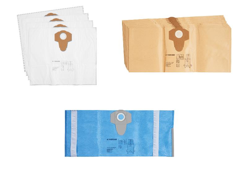 Trzy rodzaje worków do odkurzacza: białe syntetyczne, brązowe papierowe i niebieskie syntetyczne.