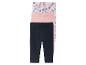 Trzy legginsy dla dzieci: w muszelki, różowe i granatowe.