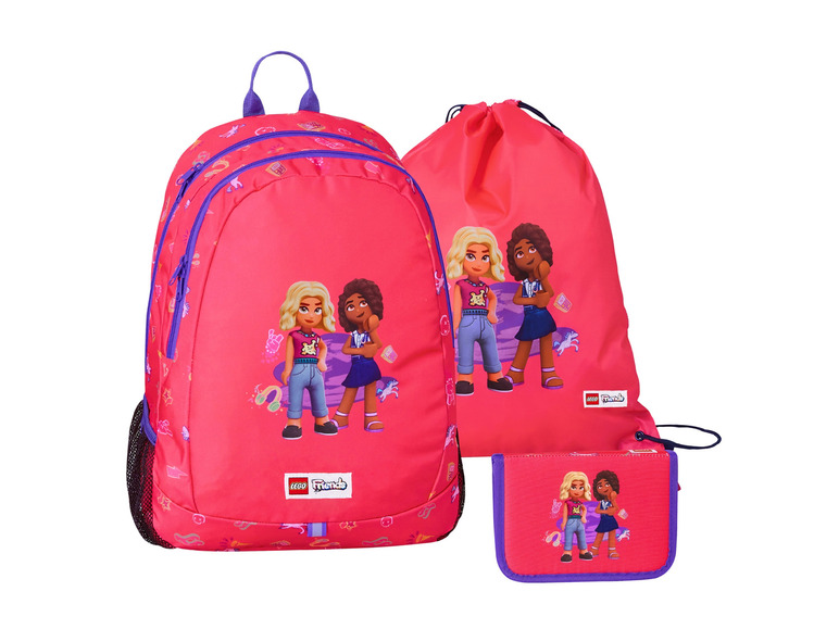 Plecak, torba sportowa i piórnik LEGO Friends z dwiema dziewczynami.
