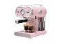 Różowy ekspres do kawy w stylu retro z dwoma filiżankami espresso pod wylewką.