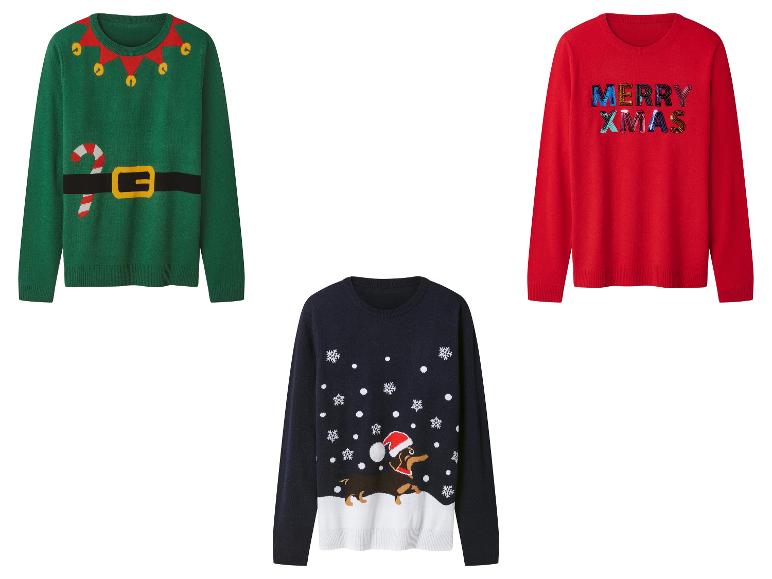 Trzy świąteczne swetry: zielony z pasem elfa, granatowy z psem i czerwony z napisem „MERRY XMAS”.