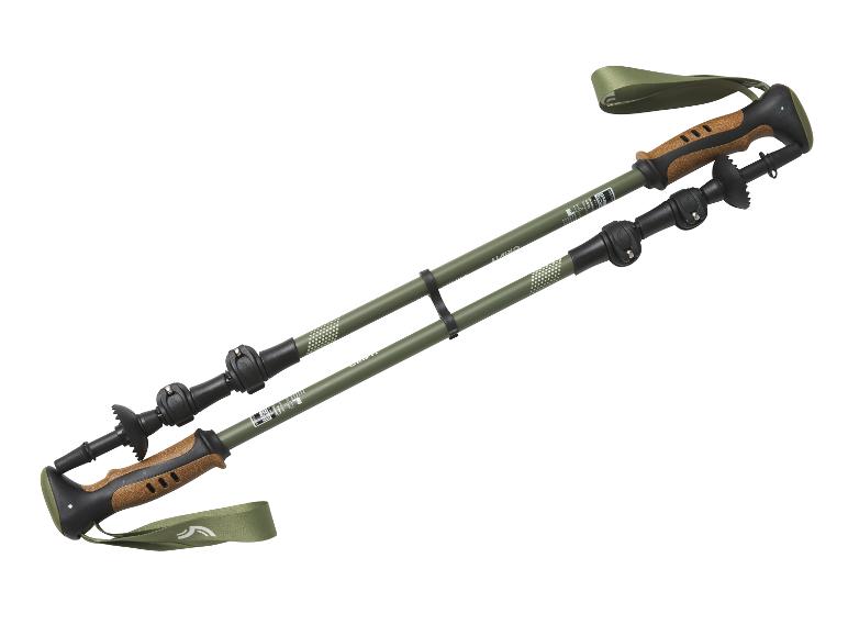 Kije trekkingowe CRIVIT w kolorze oliwkowym z korkowymi uchwytami i paskami.