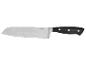 Nóż santoku ze stali nierdzewnej z czarną rękojeścią i ostrzem z wgłębieniami.