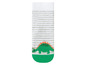 Białe skarpetki z zielonym dinozaurem i szarymi paskami.