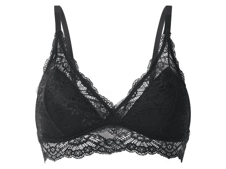 Czarny koronkowy biustonosz typu bralette z regulowanymi ramiączkami.