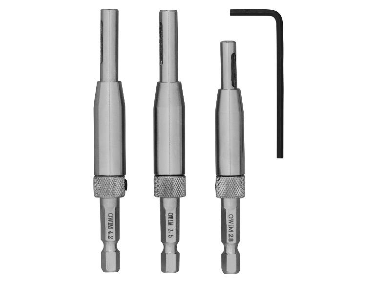 Trzy metalowe wiertła OWIM i klucz imbusowy.