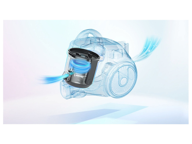 Schematyczny obraz odkurzacza z naciskiem na filtr i przepływ powietrza.