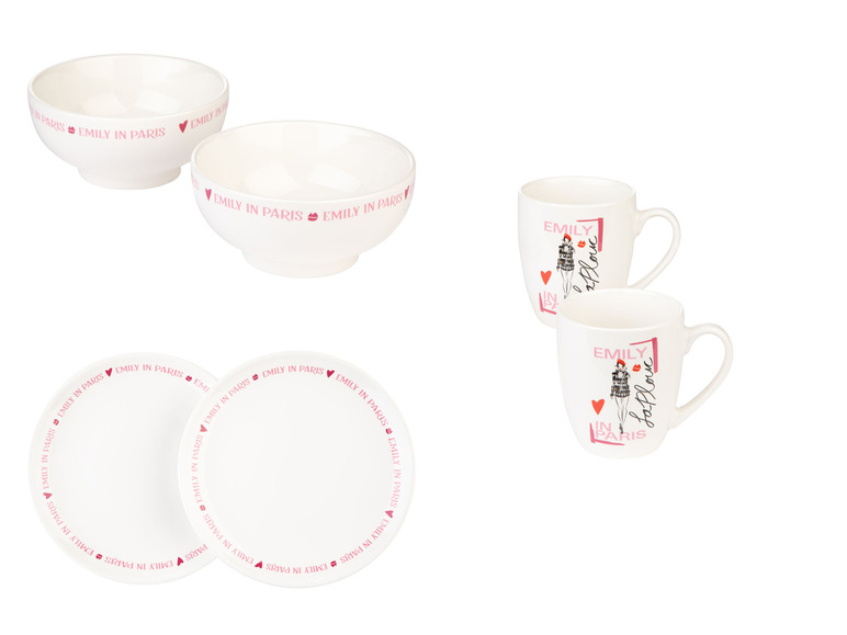 Dwa kubki z motywem 'Emily w Paryżu' i dwie miski z napisem 'Emily w Paryżu'.