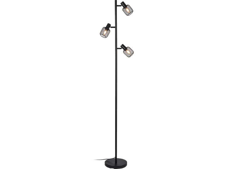 Czarna lampa podłogowa z trzema regulowanymi reflektorami i siatkowymi kloszami.