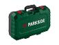 Zielona skrzynka narzędziowa PARKISDE z czarnymi i czerwonymi uchwytami i zatrzaskami