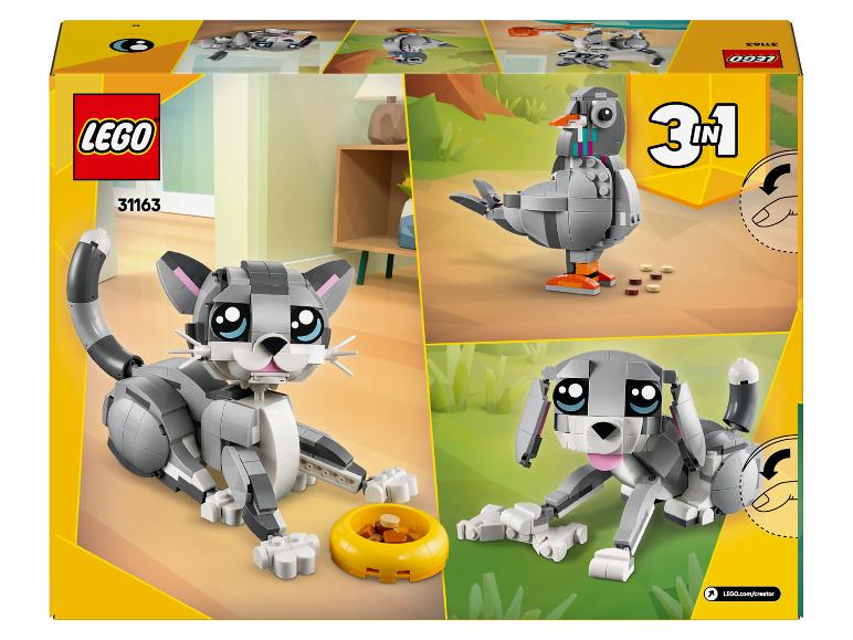 Pudełko LEGO Creator 3 w 1 z modelami kota, gołębia i psa.