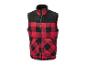 Czerwono-czarna kamizelka w kratę z zamkiem błyskawicznym, wysokim kołnierzem i kieszeniami.