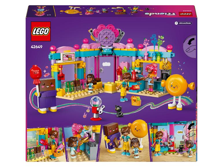 Zestaw LEGO Friends 42649 ze sklepem ze słodyczami i figurkami.