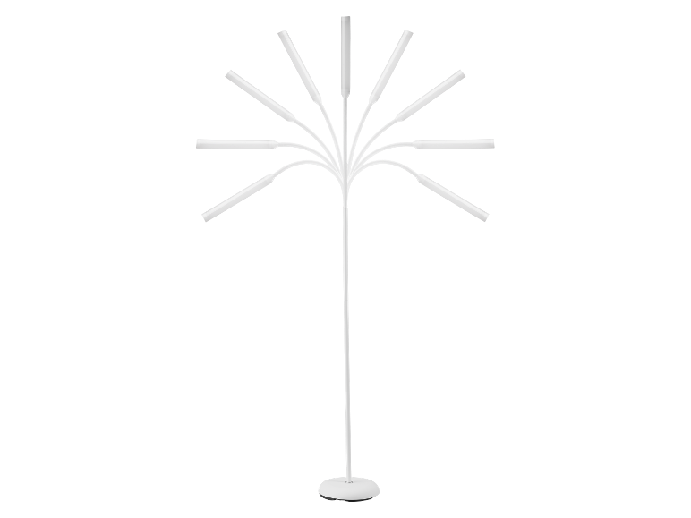 Biała lampa podłogowa z wieloma regulowanymi ramionami.