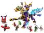 Zestaw LEGO Ninjago z dwugłowym smokiem, minifigurkami ninja i wrogami.