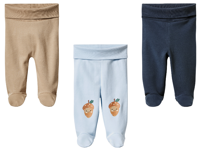 Trzy legginsy dla niemowląt w kolorze beżowym, jasnoniebieskim z motywem żołędzi i ciemnoniebieskim.
