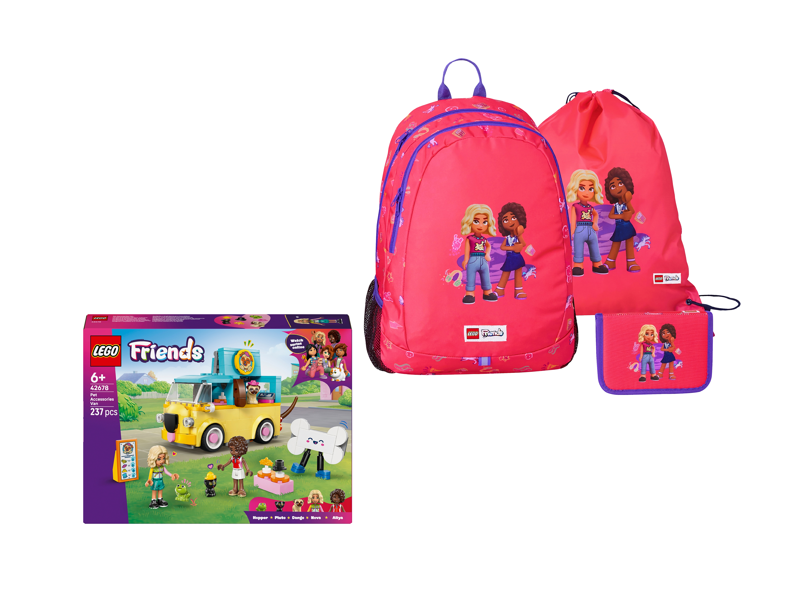 LEGO® FRIENDS Zestaw: Klocki LEGO 42678 Furgonetka z akcesoriami dla zwierząt z plecakiem, piórnikiem i workiem na buty