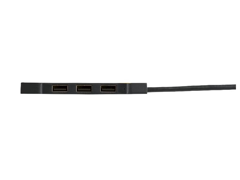 Czarny hub USB z trzema portami i kablem.