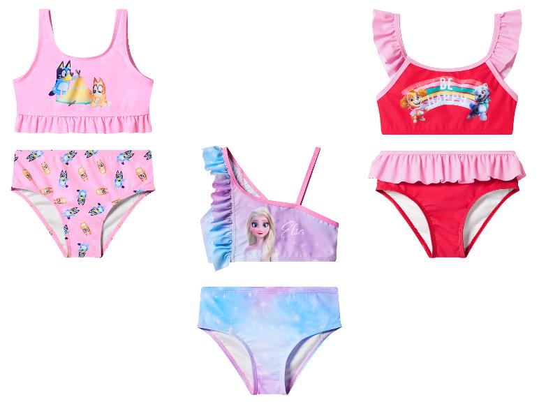 Dziecięce zestawy bikini z nadrukami z kreskówek i falbankami.
