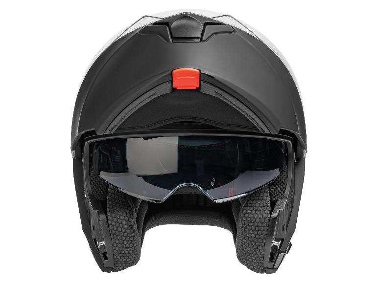 Czarny kask motocyklowy otwarty z osłoną przeciwsłoneczną