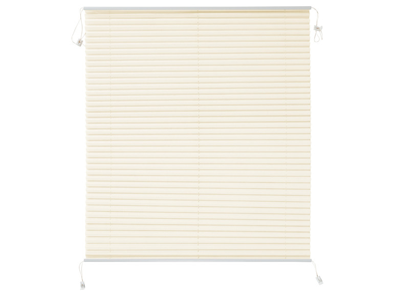 Beżowe żaluzje plisowane ze sznurkiem do regulacji.