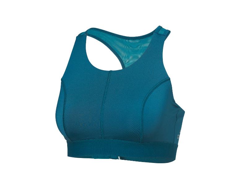 Turkusowy biustonosz sportowy typu racerback z detalami z siateczki.