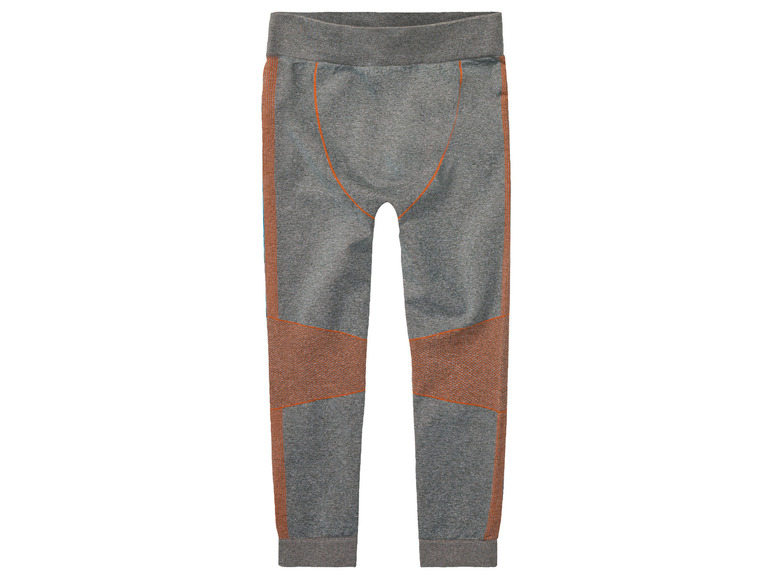 Szare legginsy sportowe z pomarańczowymi detalami.