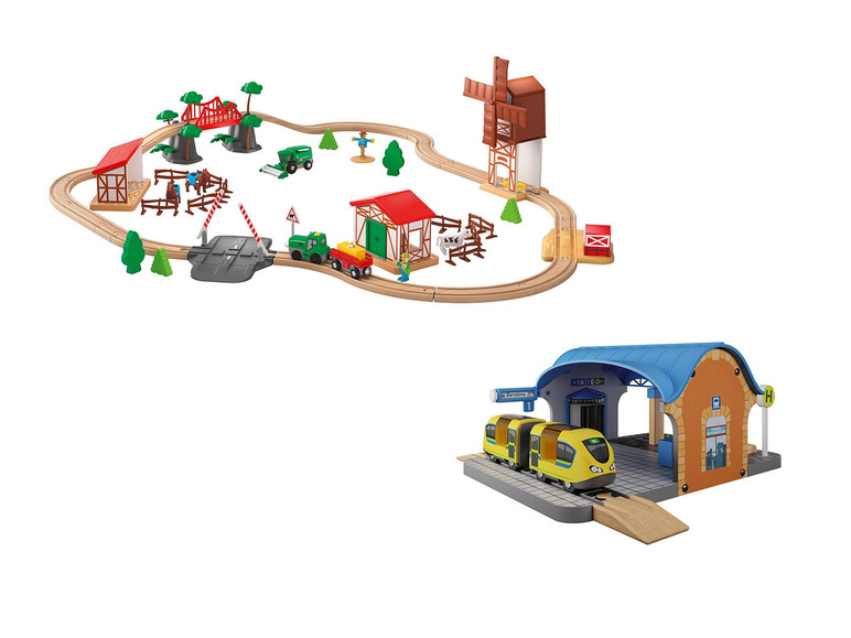 Pełny ekran: Drewniany zestaw do zabawy kolejką - farma i dworzec - zdjęcie 1